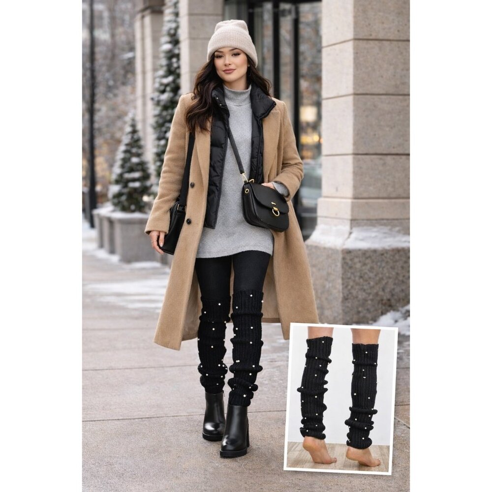 Black Pearl Ribbed Knit Leg Warmers Slouchy Boot Cuffs 26"